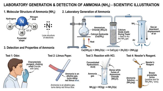 Laboratory Generation and Detection of Ammonia (NH₃): Scientific Illustration of Molecular Structure, Gas Preparation from Solids, Collection over Water, Smell and Litmus Tests, and Classic Reactions 