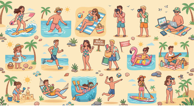 Set of diverse people enjoying summer beach activities. Characters surfing swimming sunbathing playing volleyball and relaxing on vacation. Tropical holiday lifestyle flat vector illustration.