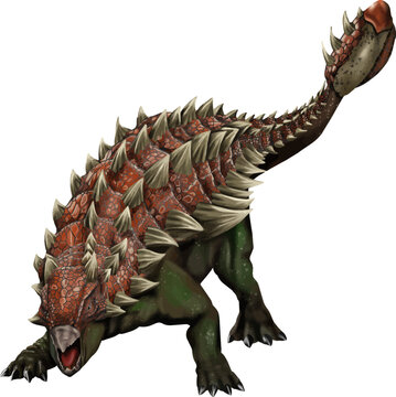 Realistic armored dinosaur monster vector illustration with spikes and aggressive posture.