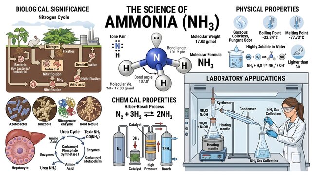The Science of Ammonia (NH₃): Molecular Structure, Physical Properties, Biological Significance in the Nitrogen Cycle, Key Chemical Behaviors and Essential Laboratory Applications of This Pungent, Hig