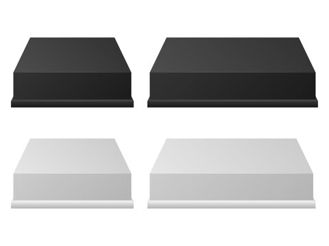 Blank square pedestals in black and white on white background. 3D-style vector square pedestals and product display stages for product mockups, e-commerce banners, exhibition stand concepts