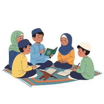 Muslim kids reading quran together on the mat