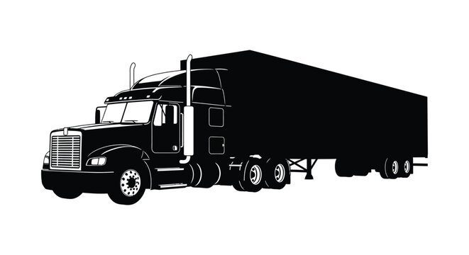 Semi Truck Silhouette On White Background Black And White Illustration