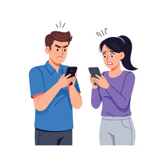 Fototapeta premium Frustrated couple looking at phones, digital devices and technology