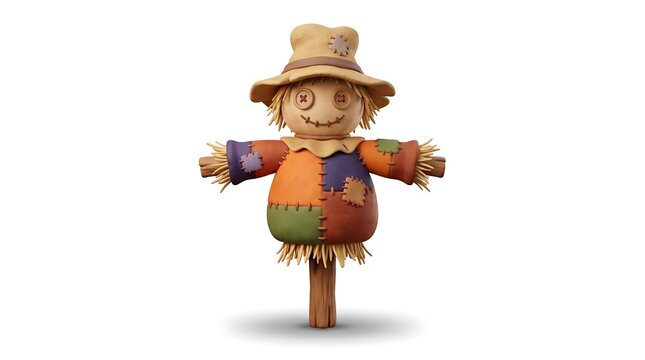 3D rendered stylized scarecrow character with patchwork clothes and button eyes on white background