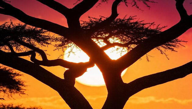 Silhouette of an acacia tree branches against a vibrant African sunset with a large sun disk in the background