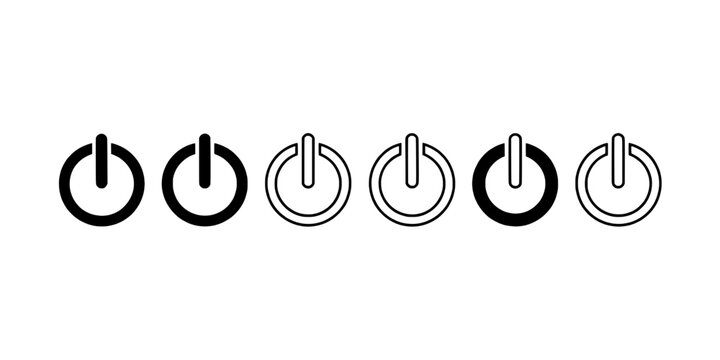 Buttons power icon set with various states and designs featuring button, on, off with switch and electronic elements for device, control projects,