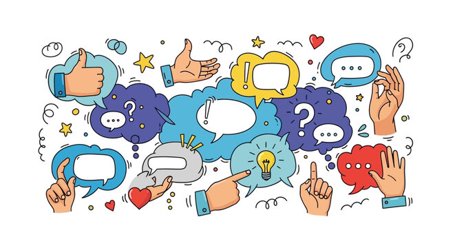 Hands with speech bubbles and icons.