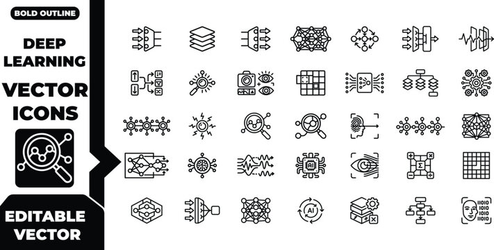 Set of modern deep learning and artificial intelligence line art icons