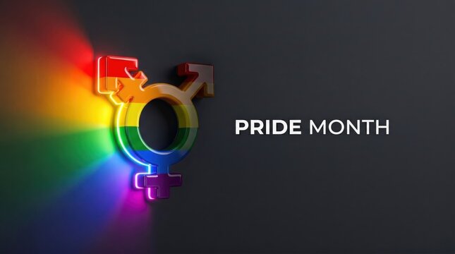 Transgender pride month symbol with rainbow light rays, glowing 3D gender identity icon on dark background, LGBTQ equality concept