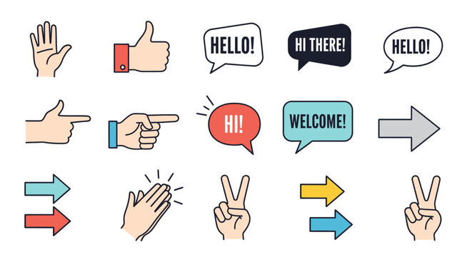 Hands making gestures and speech bubbles.