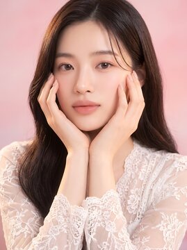 Professional Korean beauty model posing with soft natural lighting showcasing flawless skin and elegant makeup in a clean white sweater against a minimalist pink gradient background for fashion