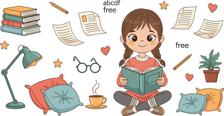 Fototapeta na wymiar Cute Cartoon Girl Reading Book Surrounded by Study Elements Cozy Home Learning Vector Illustration Set