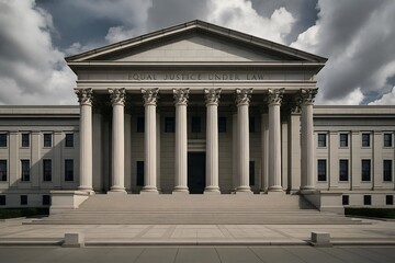 Obraz premium Neoclassical courthouse building with stone columns, majestic supreme court facade with equal justice under law inscription, legal government architecture