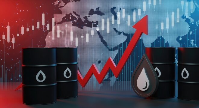 Oil Barrels and Rising Arrow with Global Map and Stock Market Charts.