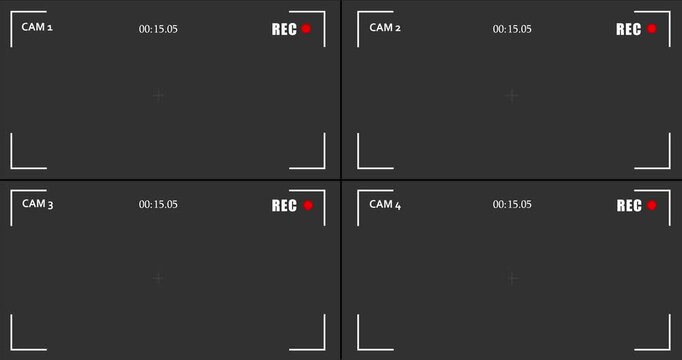 Cctv security camera four screen overlay interface with recording indicator animation. Digital ideal for crime thrillers, security concepts and suspenseful