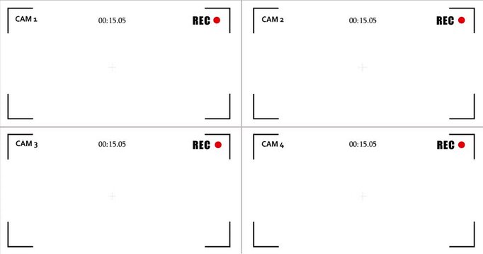 Cctv security camera four screen overlay interface with recording indicator animation. Digital ideal for crime thrillers, security concepts and suspenseful