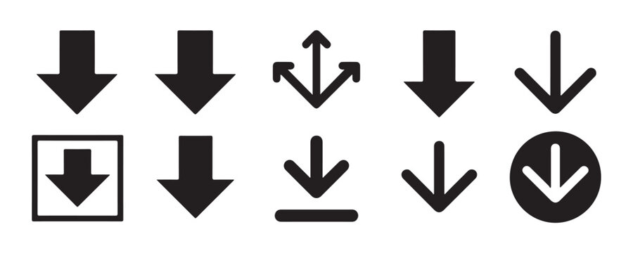 Black arrow icon pack for web interface elements and download button designs on transparent background.