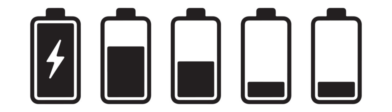 Set of battery icons illustrating power levels from empty to full with lightning bolt symbol for charging.