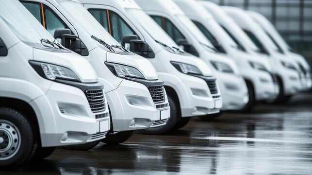 Delivery trucks paused on rainy sidewalk scene, Line of white service vehicles on slick street surface, Reflected puddles mirror neat arrangement of parcels delivery vans at early morning depot