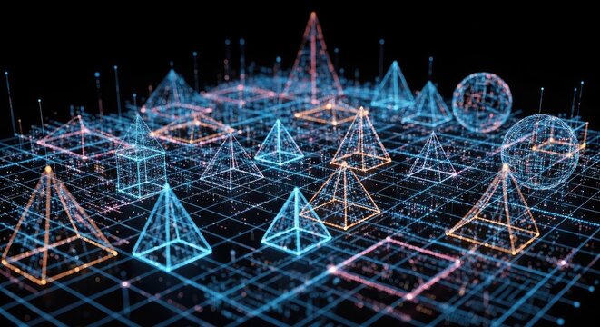 Abstract geometric shapes in a futuristic digital grid, representing data visualization and technological advancement.