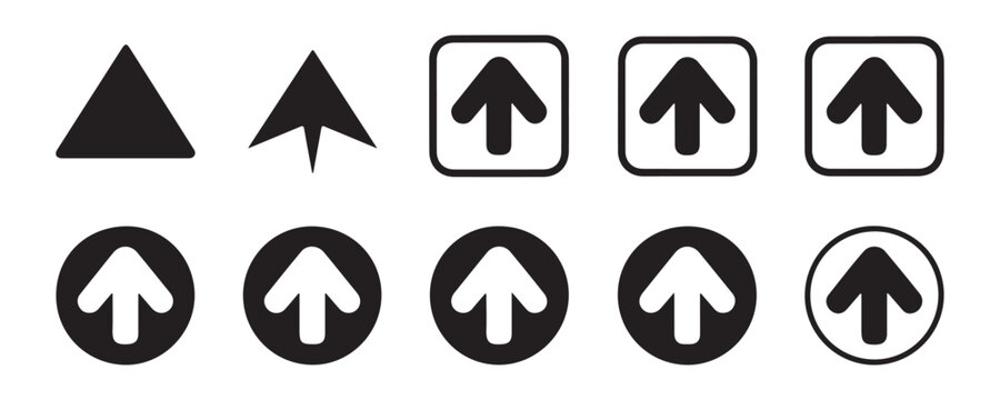 Set of black upward arrow icons for scroll up buttons and user interface direction navigation indicators.