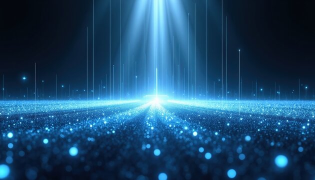 Bright blue light beams shine down on glowing field of digital dots. Lines connect points, creating abstract data visualization. Future tech, network grid.