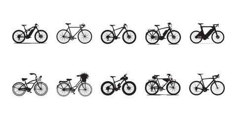 Obraz premium Bicycle silhouette set. Collection of black bicycle silhouettes isolated on white, editable vector for cycling, transport, sport, and bike shop design.