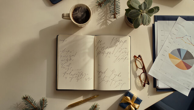 Elegant year end business planning flat lay with open notebook handwritten notes steaming coffee analytics charts eyeglasses gold pen and pine sprigs executive workspace business with copy space