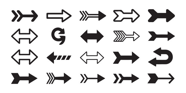 Decorative arrow set featuring bold silhouettes and double sided pointers for visual communication and layout.