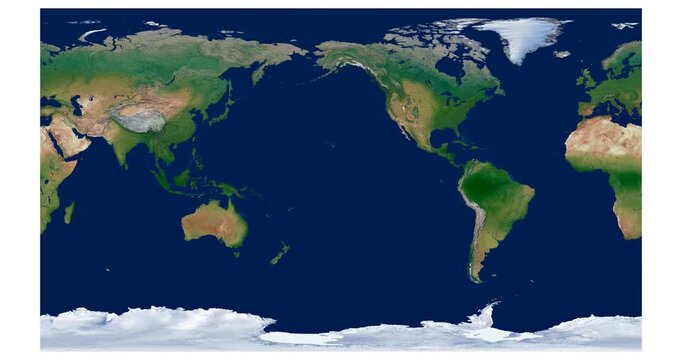 World Map. Patterson cylindrical projection animation. High-detail physical map of Earth. Longitude rotation included.