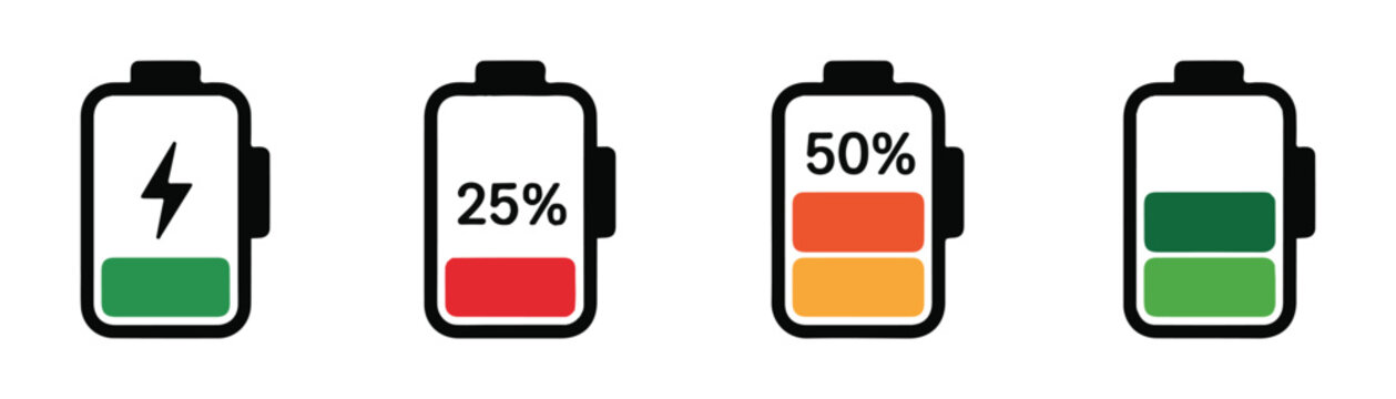 Battery level indicators with percentage display and color coding for charge status in digital interfaces.