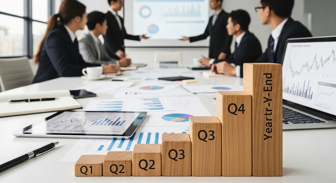 Business professionals in a meeting with wooden blocks representing quarterly growth and yeartoend progress on a white table with graphs and charts