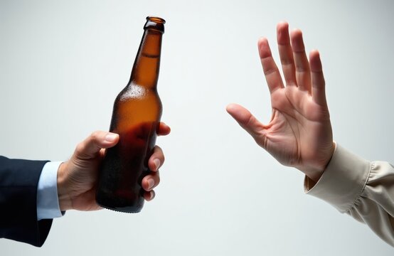 Man holds beer bottle, woman rejects alcoholic drink. Person stops offering beverage. Choice for healthy sober lifestyle. Self control, discipline. Quit drinking alcohol. Stop temptation.