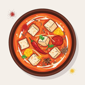Overhead illustration of a vibrant Indian paneer curry dish, garnished with fresh herbs, red chili, and whole spices, served in a rustic bowl.