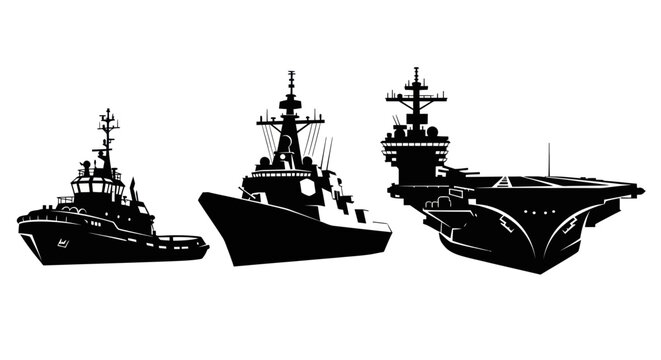 Naval fleet silhouette: Aircraft carrier, destroyer, and tugboat on white background