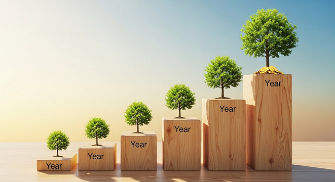 A group of wooden blocks with trees on top of them, isolated on white background is not applicable here, but blocks are on a wooden surface with a gradient background