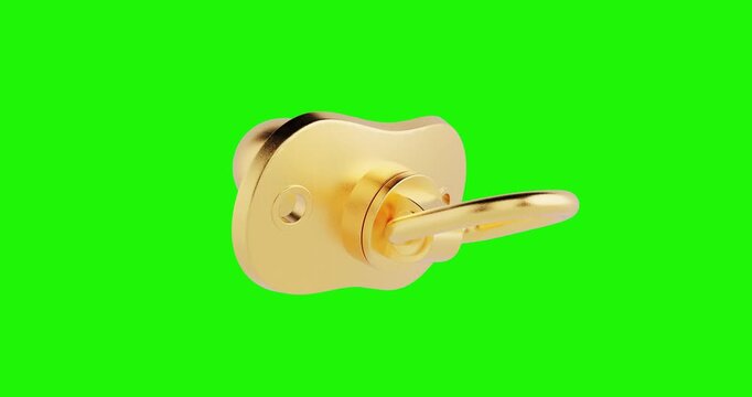 4k Resolution Video: Baby Care And Comfort Concept. Golden Pacifier Dummy Seamless Looped Rotating On Green Screen Chroma Key Background With Alpha Matte