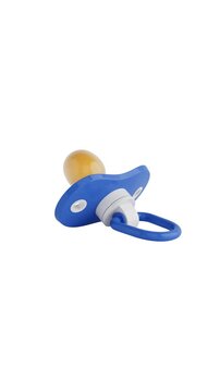 4k Resolution Vertical Video for Social Media: Baby Care And Childhood Concept. Blue Pacifier With Soft Shape And Silicone Nipple Seamless Looped Rotating On White Background With Alpha Matte