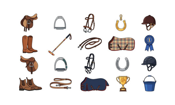 Equestrian riding equipment collection, horse saddle helmet boots stirrup reins trophy bucket and grooming accessories icons