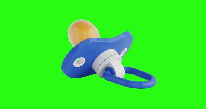 4k Resolution Video: Baby Care And Childhood Concept. Blue Pacifier With Soft Shape And Silicone Nipple Seamless Looped Rotating On Green Screen Chroma Key Background With Alpha Matte
