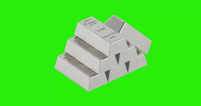 4k Resolution Video: Precious Metal Investment Concept. Stack Of Shiny Palladium Bank Bars Seamless Looped Rotating On Green Screen Chroma Key Background With Alpha Matte