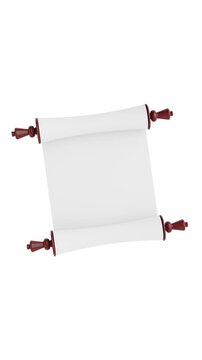 4k Resolution Vertical Video for Social Media: Ancient Scroll Manuscript Concept. Blank Parchment Scroll Mockup With Wooden Handles Opening On White Background For Message Or Announcement Design 