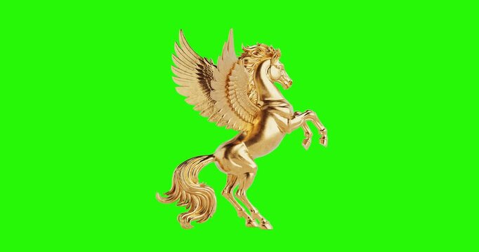 4k Resolution Video: Mythical Freedom And Power Symbol. Golden Winged Pegasus Rearing With Spread Wings Seamless Looped Rotating On Green Screen Chroma Key Background With Alpha Matte