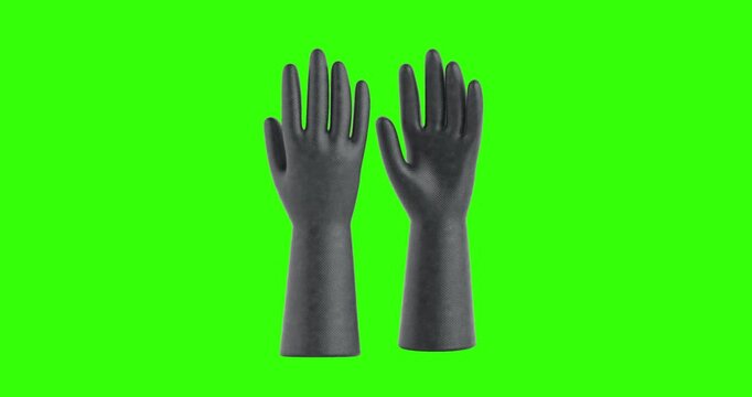 4k Resolution Video: Protection And Hygiene Concept With Durable Rubber Gloves. Pair Of Black Waterproof Gloves Seamless Looped Rotating On Green Screen Chroma Key Background With Alpha Matte