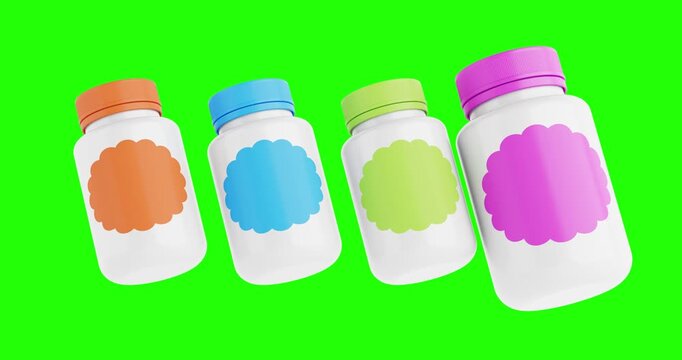 4k Resolution Video: Colorful Packaging Concept With White Plastic Bottles. Set Of Four White Containers With Bright Caps And Labels Seamless Looped Animated On Green Screen Chroma Key Background 