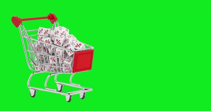4k Resolution Video: Shopping And Discount Concept. Shopping Cart Symbolizing Sale And Promotion Filled With Falling White Percent Cubes On Green Screen Chroma Key Background With Alpha Matte