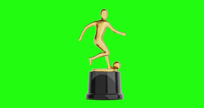 4k Resolution Video: Sport Achievement And Soccer Concept With Football Trophy Figure. Golden Athlete Dribbling Ball On Award Base And Seamless Looped Rotating On Green Screen Chroma Key 
