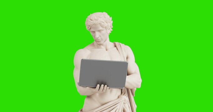 4k Resolution Video: Classical Creativity And Digital Productivity Concept. Marble Man Sculpture Animated And Using Laptop While Working On Green Screen Chroma Key Background With Alpha Matte