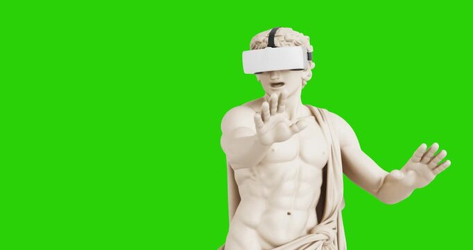 4k Resolution Video: Virtual Reality And Classical Art Fusion. Marble Male Statue Wearing Headset With Raised Hands Animated On Green screen Chroma Key Background With Alpha Matte